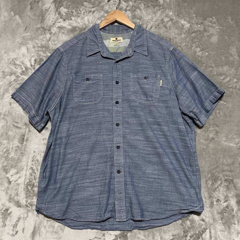 Woolrich Mens Chambray Short Sleeve Button Up Shirt Size XL Blue Casual Coastal